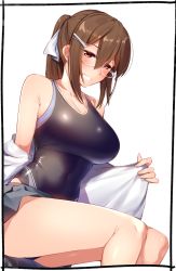 Rule 34 | 1girl, bare shoulders, black one-piece swimsuit, blush, breasts, brown eyes, brown hair, covered navel, glasses, grey skirt, grin, hair between eyes, hair ornament, hair ribbon, hairclip, highres, kei (soundcross), large breasts, long hair, looking at viewer, off shoulder, one-piece swimsuit, open clothes, open shirt, original, pleated skirt, ponytail, ribbon, school uniform, shirt, sidelocks, simple background, sitting, skirt, smile, solo, swimsuit, thighs, white background, white ribbon, white shirt