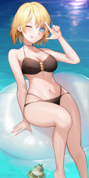 Rule 34 | 1girl, ;p, absurdres, bad id, bad pixiv id, bare shoulders, bikini, blonde hair, blue eyes, breasts, collarbone, highres, hololive, hololive english, innertube, medium breasts, midriff, mole, mole on breast, navel, one eye closed, short hair, sitting, smol ame, solo, swim ring, swimsuit, tehepero, tongue, tongue out, tungsten (kwfr4544), virtual youtuber, water, watson amelia