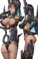 Rule 34 | 1girl, absurdres, animal ears, armored leotard, ass, black hair, blue hair, blush, breasts, cleavage, colored inner hair, dark-skinned female, dark skin, goddess of victory: nikke, highres, indivilia (nikke), kurone rinka, large breasts, long hair, looking at viewer, mechanical tail, multicolored hair, multiple views, red eyes, simple background, smile, tail, thighs, white background