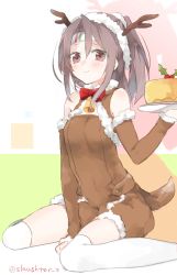 Rule 34 | 10s, 1girl, alternate costume, animal costume, antlers, bare shoulders, bell, blush, bow, brown eyes, brown hair, cake, detached sleeves, food, fur trim, headband, horns, kantai collection, long hair, reindeer costume, sino (sionori), sitting, sketch, smile, solo, tail, thighhighs, tray, twitter username, wariza, white thighhighs, zuihou (kancolle)