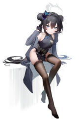 Rule 34 | 1girl, absurdres, arm support, black dress, black gloves, black hair, black thighhighs, blue archive, blush, braid, braided bun, breasts, butterfly hair ornament, china dress, chinese clothes, coat, double bun, dragon print, dress, fh moya, full body, gloves, grey coat, grey eyes, hair bun, hair ornament, half gloves, halo, highres, kisaki (blue archive), lace, lace-trimmed legwear, lace trim, long hair, looking at viewer, no shoes, open clothes, open coat, pelvic curtain, pinstripe pattern, print dress, short dress, side slit, single bare shoulder, sitting, sketch, skindentation, sleeveless, sleeveless dress, small breasts, solo, striped, striped coat, thighhighs, twintails, vertical-striped coat, white background