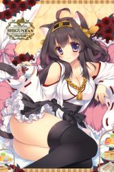 Rule 34 | 10s, 1girl, absurdres, ahoge, alternate hair color, animal ears, ass, bare shoulders, blush, boots, breasts, brown hair, cake, cat ears, cat girl, cat tail, cleavage, cup, detached sleeves, female focus, flower, food, frilled skirt, frills, hairband, highres, huge filesize, japanese clothes, kantai collection, kemonomimi mode, kongou (kancolle), large breasts, long hair, looking at viewer, macaron, miniskirt, open m/, pastry, personification, purple eyes, ribbon-trimmed sleeves, ribbon trim, rose, sample watermark, sandwich, shigunyan, skirt, smile, solo, tail, teacup, thigh boots, thighhighs, tiered serving stand, tiered tray, watermark, wide sleeves