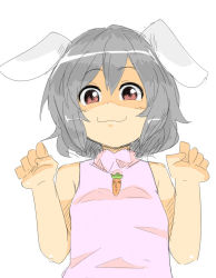 Rule 34 | 1girl, animal ears, arms up, bare shoulders, carrot, clenched hands, dress, grey hair, inaba tewi, kieeyo, looking at viewer, rabbit ears, red eyes, short hair, simple background, sketch, sleeveless, sleeveless dress, smile, solo, touhou, upper body, white background, you gonna get raped