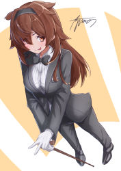 Rule 34 | 1girl, alternate costume, ayuman, black bow, black bowtie, black pants, bow, bowtie, breasts, brown eyes, brown hair, cane, commentary request, formal, from above, grey bow, grey bowtie, grey suit, hair flaps, hairband, highres, kantai collection, large breasts, looking at viewer, pants, red hairband, shiratsuyu (kancolle), shiratsuyu kai ni (kancolle), simple background, smile, solo, suit, tuxedo, yellow background