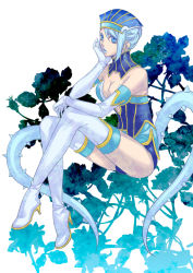 Rule 34 | 10s, 1girl, bare shoulders, blue eyes, blue hair, blue rose (tiger &amp; bunny), boots, breasts, cleavage, crossed legs, earrings, elbow gloves, gloves, high heels, jewelry, karina lyle, legs, lipstick, long legs, makeup, maroko, matching hair/eyes, shoes, short hair, sitting, solo, superhero costume, thigh boots, thighhighs, thighs, tiger &amp; bunny, white thighhighs