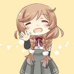 Rule 34 | 1girl, = =, arm warmers, beige background, bow, bowtie, braid, chibi, facing viewer, hinata yuu, kantai collection, light brown hair, long hair, minegumo (kancolle), open mouth, plaid, plaid bow, plaid bowtie, plaid neckwear, pleated skirt, red bow, red bowtie, shirt, simple background, skirt, solo, star (symbol), starry background, suspenders, twin braids, waving arm, white shirt