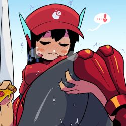 Rule 34 | !, ..., 1boy, 1girl, ^^^, asta rindo (rariatto), baseball cap, black hair, blue background, blush, blush stickers, bodysuit, closed eyes, covered erect nipples, curtains, deep skin, food, full-face blush, hat, heart, hetero, highres, holding, holding food, holding pizza, implied sex, legs together, long hair, original, paid reward available, pizza, pizza delivery, pizza slice, rariatto (ganguri), red headwear, red shirt, shirt, spoken ellipsis, spoken exclamation mark, spoken heart, sweatdrop