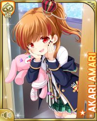 Rule 34 | 1girl, amari akari, blazer, book, card (medium), collared shirt, crown, day, girlfriend (kari), hands on own face, indoors, jacket, leaning, long sleeves, mini crown, multicolored hair, nail polish, official art, patterned legwear, plaid, plaid skirt, qp:flapper, red eyes, red footwear, school, school uniform, shirt, shoes, side ponytail, skirt, smile, solo, standing, streaked hair, striped clothes, striped thighhighs, thighhighs, white shirt, zettai ryouiki