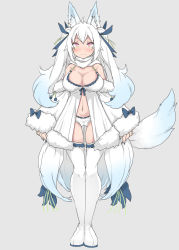 Rule 34 | 1girl, animal ear fluff, animal ears, bare shoulders, blue bow, blue hair, blue nails, blue ribbon, blush, bow, breasts, cameltoe, closed mouth, detached sleeves, fingernails, fox ears, fox girl, fox tail, frilled panties, frilled thighhighs, frills, fur-trimmed sleeves, fur trim, grey background, hair ribbon, highres, large breasts, light blue hair, long hair, multicolored hair, nail polish, navel, opanchu (hakusen), original, panties, pink eyes, ribbon, scarf, sharp fingernails, simple background, sleeves past wrists, smile, solo, standing, tail, thighhighs, twintails, underwear, very long hair, white footwear, white hair, white panties, white scarf, white thighhighs