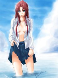 Rule 34 | 00s, 1girl, :o, blue eyes, breasts, cleavage, clothes lift, cloud, day, female focus, flay allster, gundam, gundam seed, long hair, looking at viewer, medium breasts, midriff, navel, necktie, no bra, open clothes, open mouth, open shirt, outdoors, parted bangs, pleated skirt, ponytail, red hair, shadow, shirt, signature, skirt, skirt lift, sky, solo, standing, thighs, undressing, untied, wading, water, wet, white shirt