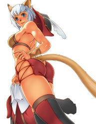 Rule 34 | 00s, 1girl, animal ears, armpits, ass, back, blue eyes, boots, bracer, breasts, butt crack, cat ears, cat girl, cat tail, clothing cutout, cropped, facial mark, feathers, final fantasy, final fantasy xi, from behind, gochou (kedama), hat, hat feather, looking back, mithra (ff11), no panties, red mage (final fantasy), shiny skin, short hair, short shorts, shorts, sideboob, simple background, smile, solo, stampede string, standing, tail, tail through clothes, thigh boots, thighhighs, whisker markings, white hair