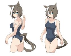 Rule 34 | 1girl, animal ears, breasts, cheval grand (umamusume), collarbone, competition school swimsuit, covered navel, cropped legs, grey hair, grey one-piece swimsuit, highres, horse ears, horse girl, horse tail, medium breasts, multicolored hair, multiple views, one-piece swimsuit, school swimsuit, short hair, simple background, standing, streaked hair, swimsuit, tail, tami2004, thigh gap, two-tone hair, umamusume, white background, white hair