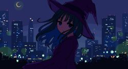 Rule 34 | 1girl, blue eyes, building, city, city lights, cityscape, cowboy shot, crescent, crescent moon, dress, expressionless, floating hair, from side, hat, long hair, long sleeves, looking at viewer, moon, nanami yuki (yuki77mi), night, night sky, original, sky, skyscraper, solo, upper body, witch hat