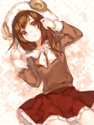Rule 34 | 1girl, animal hood, bad id, bad pixiv id, brown hair, brown shirt, chocoan, hands up, hat, hood, horns, long hair, long sleeves, looking at viewer, lying, on back, original, own hands clasped, own hands together, red eyes, red skirt, sheep hood, sheep horns, shirt, skirt, solo, wool