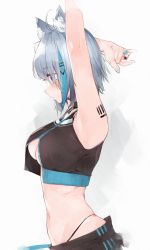 Rule 34 | 1girl, animal ear fluff, animal ears, animare, armpits, arms up, black collar, black jacket, blue eyes, blue hair, blue nails, blush, breasts, cleavage, closed mouth, collar, cropped jacket, dog ears, from side, highres, jacket, light blue hair, medium breasts, midriff, multicolored hair, nail polish, nanashi inc., navel, no bra, panty straps, ribs, rippootai, simple background, sleeveless, solo, souya ichika, souya ichika (4th costume), streaked hair, tattoo, underboob, virtual youtuber, white background