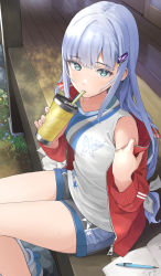 Rule 34 | 1girl, animal print, bad id, bad twitter id, bare legs, blue hair, blue shorts, blush, breasts, butterfly print, cup, drinking straw, flower, highres, holding, holding cup, idolmaster, idolmaster million live!, idolmaster million live! theater days, jacket, jersey, lesson wear (idolmaster million live!), light blue hair, long hair, looking at viewer, mouth hold, open clothes, open jacket, red jacket, shiraishi tsumugi, shirt, shorts, sitting, sleeveless, sleeveless shirt, small breasts, solo, sweatdrop, tumbler, undressing, veranda, wooden floor, yoropa