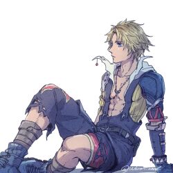 Rule 34 | 1boy, belt, black overalls, blonde hair, blue eyes, chain, chain necklace, closed mouth, dissidia final fantasy, earrings, final fantasy, final fantasy x, gloves, highres, jewelry, male focus, necklace, overalls, shoes, short hair, sitting, tidus, torn clothes, warori anne, white background
