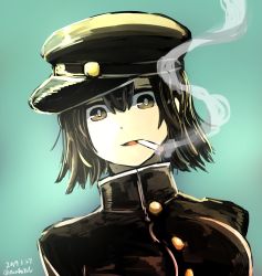Rule 34 | 1girl, akitsu maru (kancolle), aoba (akibajun), black eyes, black hair, black hat, cigarette, dated, green background, hat, highres, kantai collection, military, military hat, military uniform, mouth hold, one-hour drawing challenge, pale skin, peaked cap, short hair, simple background, smoking, solo, twitter username, uniform, upper body