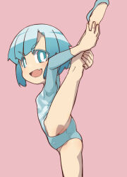 Rule 34 | 1girl, aqua eyes, aqua hair, aqua leotard, arms behind back, arms behind head, bad id, bad pixiv id, breasts, fang, female focus, flexible, from side, gymnast leotard, highres, holding, leaning forward, leg hold, leg lift, leg up, leotard, long sleeves, looking at viewer, looking to the side, ogihara mach, open mouth, petite, pink background, shoes, short hair, simple background, skin fang, small breasts, smile, smug, solo, standing, standing on one leg, tomboy, ueno-san wa bukiyou, unogawa