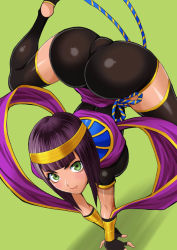 Rule 34 | 1girl, artist request, ass, bike shorts, breasts, cameltoe, capcom, dark-skinned female, dark skin, egyptian, female focus, fingerless gloves, gloves, green eyes, large breasts, looking at viewer, menat, purple hair, shiny clothes, shiny skin, short hair, smile, solo, street fighter, street fighter v, thighhighs