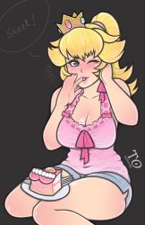 Rule 34 | 1girl, bad id, bad tumblr id, bare shoulders, blonde hair, blue eyes, blush, breasts, cake, casual, cleavage, commentary, crown, food, highres, large breasts, lips, lipstick, long hair, looking at viewer, makeup, mario (series), medium breasts, nintendo, one eye closed, ponytail, princess peach, short shorts, shorts, sitting, smile, solo, tabletorgy, tank top, wariza