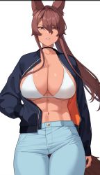Rule 34 | 1girl, abs, animal ears, arm at side, black choker, bra, breasts, brown eyes, brown hair, buttons, choker, denim, feet out of frame, franham, hair between eyes, hand in pocket, highres, jacket, jeans, large breasts, long hair, looking at viewer, muscular, muscular female, navel, open clothes, open jacket, open mouth, original, pants, parted lips, pocket, ponytail, sidelocks, simple background, solo, standing, stomach, teeth, thigh gap, underboob, underwear, white background, white bra
