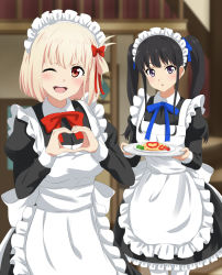 Rule 34 | 2girls, ;d, alternate costume, alternate hairstyle, apron, black dress, black hair, blonde hair, blue bow, blue bowtie, blue ribbon, blush, bob cut, bow, bowtie, commentary request, dars (recolors), dress, enmaided, food, frilled apron, frills, hair ribbon, heart, heart hands, holding, holding plate, inoue takina, long hair, long sleeves, lycoris recoil, maid, maid apron, multiple girls, neck ribbon, nishikigi chisato, omelet, omurice, one eye closed, open mouth, parted lips, plate, puffy long sleeves, puffy sleeves, purple eyes, red bow, red bowtie, red eyes, red ribbon, ribbon, short hair, smile, teeth, twintails, upper teeth only, white apron