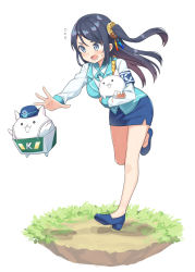 Rule 34 | 1girl, animal, animal hug, armband, black hair, blue footwear, blue skirt, blue vest, blush, breasts, brown hair, bubble tea, cat, collared shirt, commentary request, cup, disposable cup, drinking straw, flying sweatdrops, full body, grey eyes, hatsunatsu, krt girls, long hair, long sleeves, medium breasts, nyanko daisensou, one side up, open mouth, parted bangs, running, shirt, shoes, simple background, skirt, v-shaped eyebrows, very long hair, vest, white background, white shirt, xiao qiong