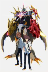 Rule 34 | 2boys, armor, bad id, bad pixiv id, black footwear, black necktie, black pants, blue eyes, brown eyes, brown hair, cape, chest jewel, closed mouth, copyright name, digimon, digimon (creature), digimon adventure, digimon adventure tri., full body, glint, glowing, hands in pockets, horns, ishida yamato, light frown, looking at viewer, loose necktie, male focus, matsu-jun, multiple boys, necktie, omegamon alter-s, pants, school uniform, shield, shirt, short hair, short sleeves, simple background, standing, tall hair, weapon, white background, white footwear, white shirt, yagami taichi
