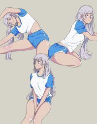 Rule 34 | 1girl, black clover, grey hair, gym uniform, highres, long hair, looking at viewer, noelle silva, pinkykkat, purple eyes, shorts, simple background, sitting, stretching, thick thighs, thighs