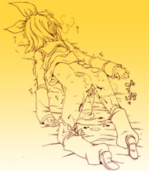 Rule 34 | 1girl, aftersex, ass, bed sheet, blood, censored, china (ekimore), cum, cum in pussy, cum on body, cum pool, cumdrip, defloration, detached sleeves, facing away, female focus, full body, gradient background, hair ornament, kagamine rin, legs apart, monochrome, mosaic censoring, on bed, panties, panties around leg, pussy, sailor collar, shoes, short hair, solo, sweat, top-down bottom-up, trembling, underwear, vocaloid