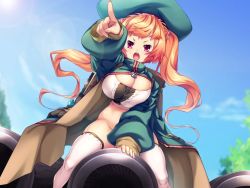 Rule 34 | 1girl, ankle boots, backpack, bag, baggy clothes, boots, breast press, breasts, cannon, cleavage, coat, corset, female focus, full body, game cg, hat, high collar, hikage eiji, huge breasts, kuroinu ~kedakaki seijo wa hakudaku ni somaru~, liquid (company), long coat, long hair, looking away, maebari, mel mel, monster girl, nexton, no humans, open mouth, orange hair, oversized clothes, pink eyes, revealing clothes, shiny skin, sitting, sky, solo, thighhighs, twintails