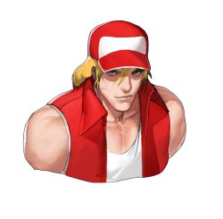 Rule 34 | 1boy, baseball cap, blonde hair, blouse, blue eyes, fatal fury, fingerless gloves, gloves, hair between eyes, hat, highres, jacket, long hair, looking at viewer, male focus, muscular, nintendo, pectoral cleavage, pectorals, ponytail, red hat, shirt, simple background, sleeveless, sleeveless shirt, smile, solo, super smash bros., terry bogard, the king of fighters, white background, white shirt, zelus