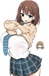 Rule 34 | 2girls, :d, blue neckwear, blue skirt, blush, breasts, brown eyes, brown hair, brown sweater, character request, chibi, clothes lift, collared shirt, fang, green eyes, large breasts, lifted by self, light brown hair, long sleeves, multiple girls, necktie, open mouth, plaid, plaid skirt, pleated skirt, saki (manga), school uniform, shirt, shirt tucked in, shisoneri, simple background, skirt, sleeves past wrists, smile, solo focus, striped neckwear, sweater, sweater lift, undressing, unozawa shiori, watanabe rune, white background, white shirt