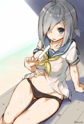 Rule 34 | 10s, 1girl, absurdres, alternate hairstyle, arm support, black panties, blue eyes, breasts, collarbone, food, gluteal fold, grey hair, groin, hair ornament, hair over one eye, hairclip, hamakaze (kancolle), highres, holding, kantai collection, katoroku, medium breasts, neckerchief, panties, popsicle, sailor collar, school uniform, serafuku, shirt, short sleeves, sitting, sketch, solo, swept bangs, tongue, tongue out, underwear, wet, wet clothes, wet shirt, yellow neckerchief
