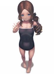 Rule 34 | 1girl, aged down, barefoot, blue eyes, brown hair, competition school swimsuit, fate/grand order, fate (series), flat chest, foreshortening, full body, gauntlets, highres, leonardo da vinci (fate), leonardo da vinci (fate/grand order), leonardo da vinci (rider) (fate), long hair, looking at viewer, one-piece swimsuit, parted bangs, parted lips, ranma (kamenrideroz), school swimsuit, side ponytail, simple background, smile, solo, standing, swimsuit