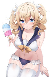 Rule 34 | 1girl, absurdres, alternate breast size, alternate costume, barbara (genshin impact), bare arms, bare shoulders, bikini, blonde hair, blue eyes, bow, breasts, cameltoe, cleavage, cowboy shot, drill hair, food, frilled bikini, frills, genshin impact, hair ornament, hido (cherryhido), highres, holding, large breasts, long hair, looking at viewer, navel, parted lips, popsicle, sailor bikini, sailor collar, simple background, sitting, skindentation, solo, standing, stomach, swimsuit, thigh gap, thighhighs, thighs, twin drills, twintails, white background, white bikini, white thighhighs, yellow bow