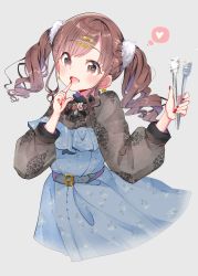 Rule 34 | 1girl, belt, blue dress, brown eyes, brown hair, commentary request, dress, earrings, finger to mouth, floral print, grey background, hair ornament, hair scrunchie, hairclip, heart, highres, idolmaster, idolmaster shiny colors, jewelry, long hair, long sleeves, nail polish, print dress, puffy sleeves, red nails, scrunchie, solo, sonoda chiyoko, sparkling eyes, tongs, twintails, yuanagae