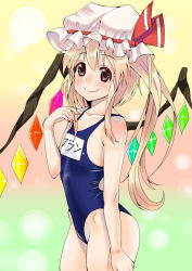 Rule 34 | 1girl, bad id, bad pixiv id, blonde hair, competition swimsuit, female focus, flandre scarlet, hat, one-piece swimsuit, ponytail, red eyes, school swimsuit, shie, shie (m417), short hair, side ponytail, smile, solo, swimsuit, embodiment of scarlet devil, touhou, wings