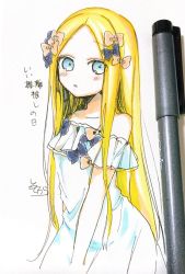 Rule 34 | 1girl, abigail williams (fate), alternate costume, art tools in frame, bare shoulders, black bow, blonde hair, blue eyes, blush, bow, collarbone, dress, dress bow, fate/grand order, fate (series), forehead, hair bow, long hair, looking at viewer, multiple hair bows, off-shoulder dress, off shoulder, orange bow, parted bangs, parted lips, photo (medium), signature, sofra, solo, traditional media, translation request, very long hair, white background, white dress