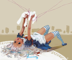 Rule 34 | 1girl, alice (alice in wonderland), alice in wonderland, apron, bad id, bad pixiv id, blood, blood on face, blood stain, blue eyes, dark-skinned female, dark skin, liyin (neptune), lying, neptune (artist), open mouth, rabbit, silver hair, simple background, solo, striped clothes, striped thighhighs, thighhighs, white rabbit (alice in wonderland)