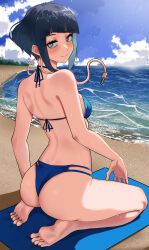 Rule 34 | 1girl, absurdres, ass, audio jack, bare arms, bare legs, bare shoulders, barefoot, beach, beach mat, bikini, blue bikini, blue eyes, blue hair, blue sky, blunt bangs, blush, boku no hero academia, breasts, bright pupils, closed mouth, cloud, day, feet, from behind, halterneck, highres, horizon, jirou kyouka, long earlobes, looking at viewer, looking back, multi-strapped bikini bottom, ocean, outdoors, seiza, shore, short hair, sidelocks, sitting, sky, small breasts, smile, soles, solo, split mouth, swimsuit, toes, water, white pupils, zd (pixiv6210083)