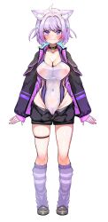Rule 34 | 1girl, absurdres, ahoge, animal ears, black jacket, black shorts, blush, breasts, brown footwear, cameltoe, cat ears, choker, cleavage, cleft of venus, closed mouth, collarbone, covered erect nipples, covered navel, full body, highres, hololive, hololive gamers, jacket, kajimakoto, large breasts, leotard, long sleeves, looking at viewer, loose socks, nekomata okayu, open clothes, open shorts, purple eyes, purple hair, purple leotard, purple socks, see-through, see-through leotard, short hair, shorts, simple background, skindentation, socks, solo, standing, sweat, thighlet, transparent background, virtual youtuber