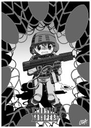 Rule 34 | 1990s (style), 1boy, alien, armor, bad end, blush, boots, bug, copyright name, flamethrower, greyscale, gun, helmet, johnny rico, male focus, military, military uniform, mobile infantry, monochrome, oda (orz), retro artstyle, scared, science fiction, soldier, solo, space marine, starship troopers, uniform, weapon