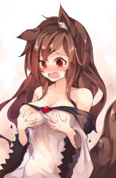 Rule 34 | 1girl, animal ears, bare shoulders, blush, breasts, brooch, brown background, brown hair, chiroru (cheese-roll), cleavage, collarbone, dress, embarrassed, grabbing own breast, gradient background, highres, imaizumi kagerou, jewelry, long hair, medium breasts, open mouth, red eyes, see-through, solo, tail, tears, touhou, wavy hair, white background, wide sleeves, wolf ears, wolf tail
