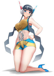 Rule 34 | 1girl, bare arms, bike shorts, black hair, blue eyes, blue footwear, blunt bangs, breasts, buckle, closed mouth, commentary request, creatures (company), elesa (pokemon), frown, full body, game freak, hand on own hip, headphones, high heels, highres, kneeling, large breasts, looking down, navel, nintendo, no jacket, pokemon, pokemon bw2, short hair with long locks, solo, sports bra, white background, yuzu kiro