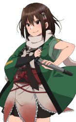 Rule 34 | 10s, 1girl, black neckerchief, black skirt, brown eyes, brown hair, closed mouth, clothes grab, clothes writing, cowboy shot, ear visible through hair, ears visible through hair, elbow gloves, frills, gloves, hair between eyes, hair ornament, happi, holding, holding torpedo, japanese clothes, kantai collection, neckerchief, obi, pleated skirt, rinto (rint rnt), sash, scarf, school uniform, sendai (kancolle), sendai kai ni (kancolle), simple background, skirt, sleeves rolled up, smile, solo, torpedo, two side up, weapon, white background, white scarf