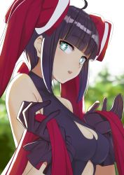 Rule 34 | 1girl, ahoge, bare shoulders, black gloves, black hair, blunt bangs, bow, breasts, bustier, character request, cleavage, cleavage cutout, clothing cutout, copyright request, gloves, green eyes, heart cutout, highres, long hair, looking at viewer, medium breasts, momosuke (ishakry), open mouth, outdoors, red bow, solo, star-shaped pupils, star (symbol), symbol-shaped pupils, virtual youtuber