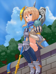 Rule 34 | 10s, 1girl, armor, axe, blonde hair, blue eyes, boots, cloud, day, fence, gloves, hair ornament, highres, last period, midriff, navel, open mouth, portier (last period), puff and slash sleeves, puffy sleeves, raseruta, short hair, sitting, skirt, sky, sleepy, solo, weapon