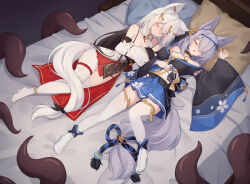 Rule 34 | 2girls, animal ear fluff, animal ears, black sleeves, blue dress, breasts, closed eyes, commentary, detached sleeves, dress, english commentary, fox ears, fox girl, grey hair, highres, large breasts, long hair, lying, multiple girls, no shoes, on back, on bed, open mouth, original, pillow, red dress, tentacles, thighhighs, trimbil, variant set, white sleeves, white thighhighs